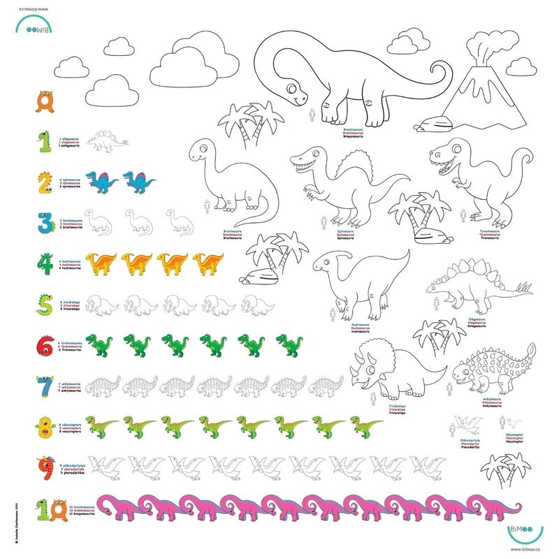 Nombres avec des dinosaures - Nappe multilingue à colorier