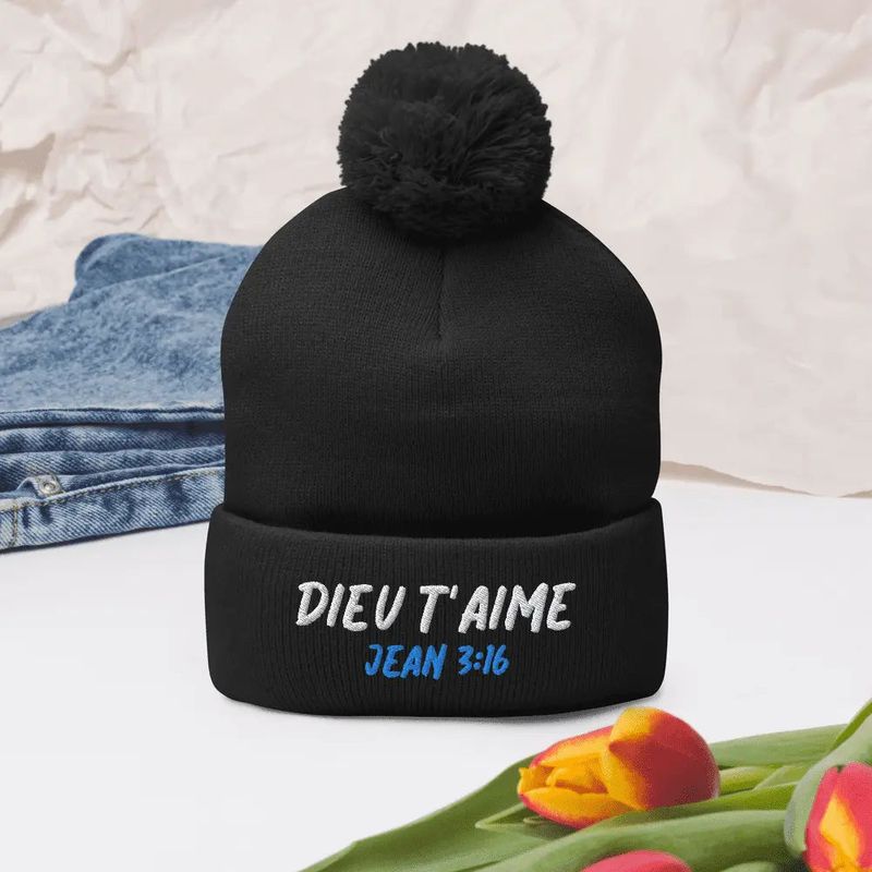 Tuque chrétienne à Pompon avec Verset Biblique Jean 3:16 | Cadeau Biblique