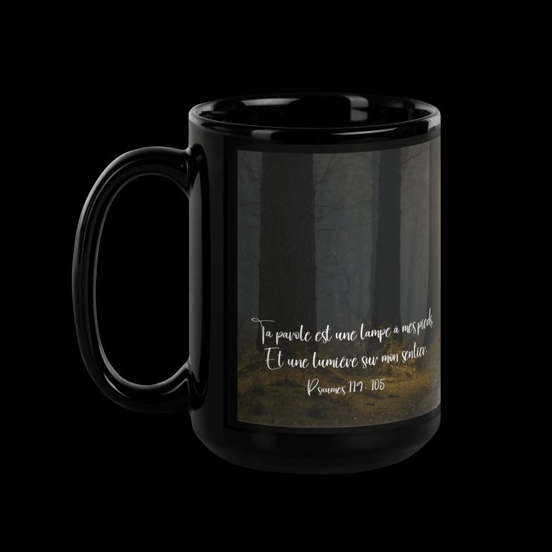 Tasse chrétienne noire avec verset biblique Psaumes 119:105 | Cadeau Biblique