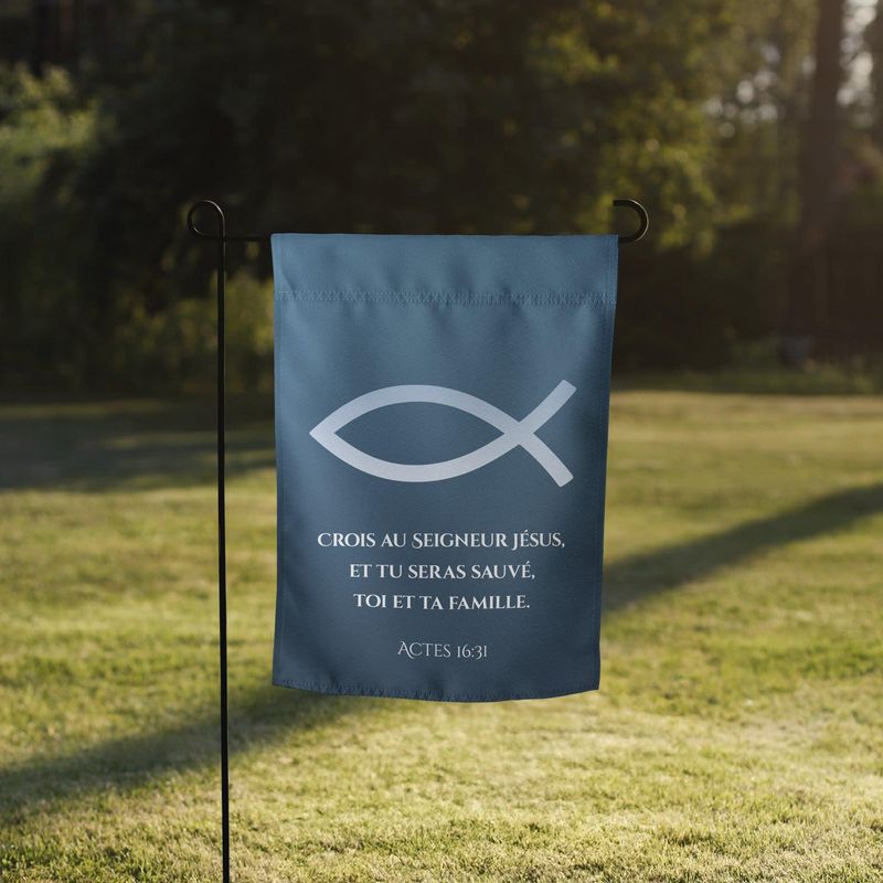 Drapeau de jardin chrétien avec verset biblique actes 16:31 | Cadeau Biblique