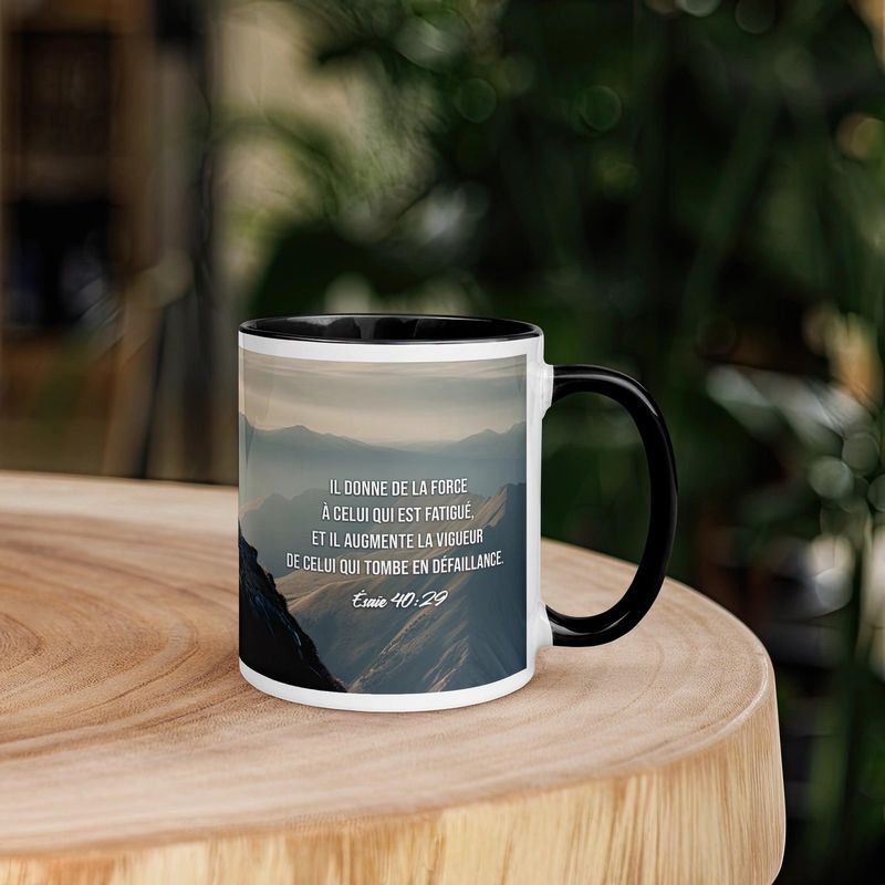 Tasse chrétienne avec verset biblique Ésaïe 40:29 chez Cadeau Biblique