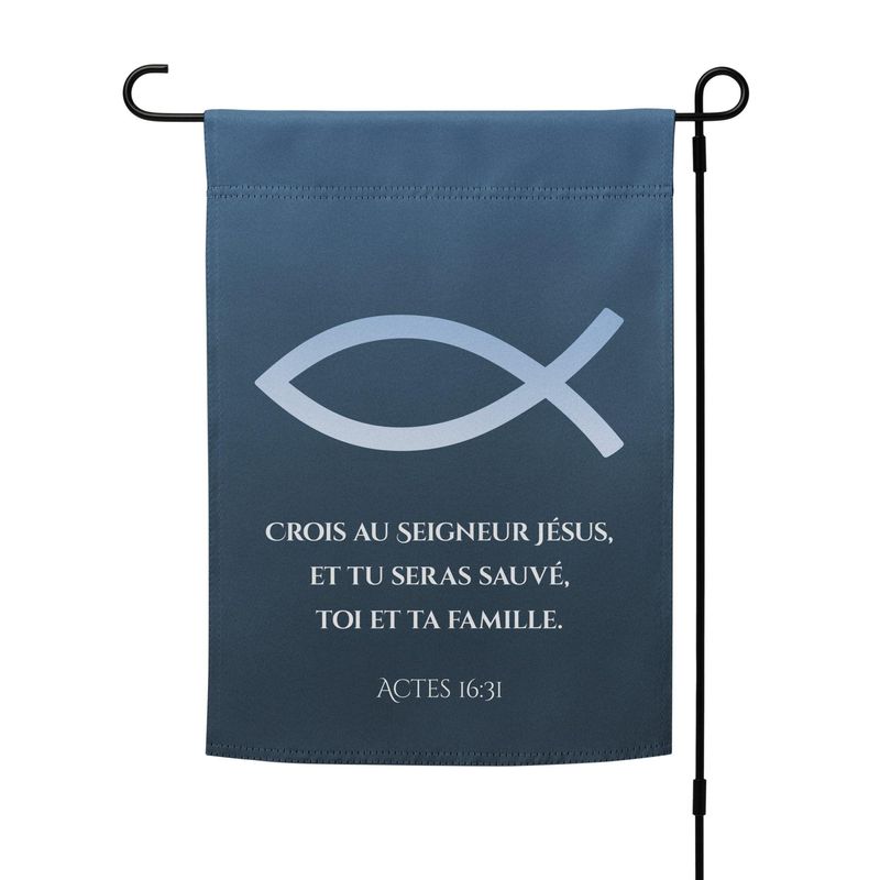 Drapeau de jardin chrétien avec verset biblique actes 16:31 | Cadeau Biblique