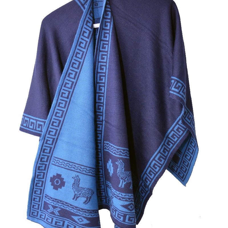 Cape style ruana du Pérou - Alpagas et motifs Inca (divers couleurs) - Bleu