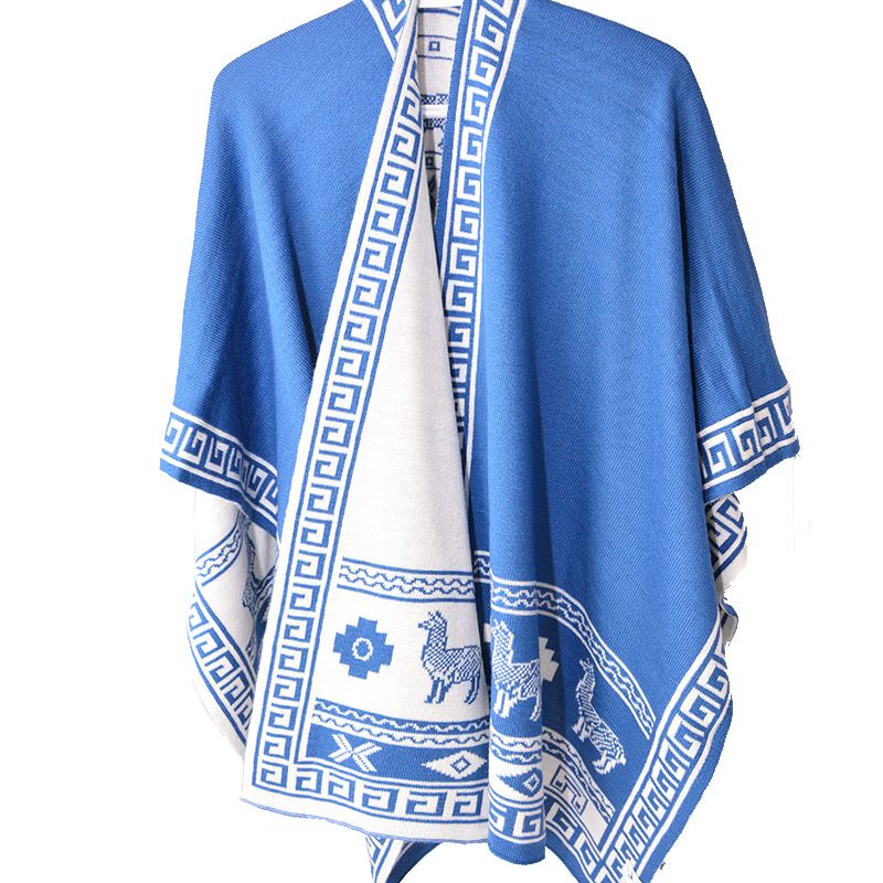 Cape style ruana du Pérou - Alpagas et motifs Inca (divers couleurs) - Bleu ciel