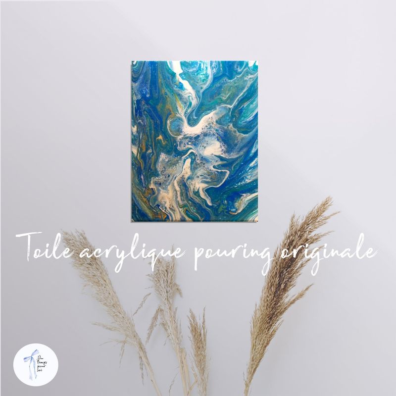 Peinture sur toile de vagues murale, toile abstraite acrylique bleue mer et océan. Peinture artistique et décoration coulée. Pouring format 8X10.