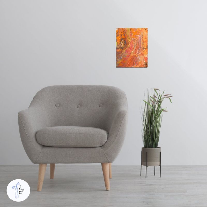 Toile abstraite en acrylique, une peinture d'art acrylique moderne orange et fluide. Décoration murale originale de type Pouring. Toile format 8X10