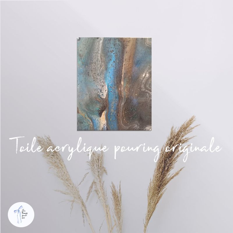 Toile murale abstraite bleue mer en acrylique, peinture sur toile de vagues. Une décoration de maison, coulée de type pouring format 8X10.