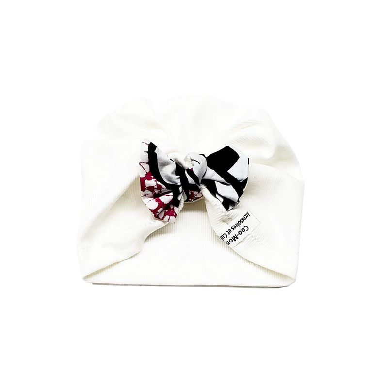 Bonnet Turban Bébé - Tricot Blanc Et Nœud Pagne Wax