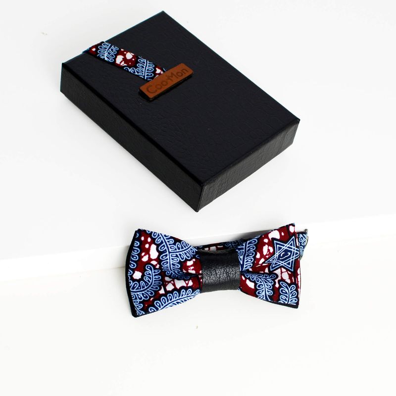 Noeud Papillon Gris - Cuir Recyclé Noir Et Pagne Wax