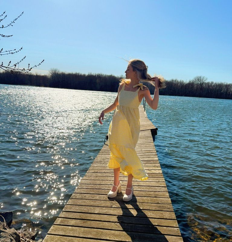 Robe Sofia pour femmes – Vichy blanc et jaune