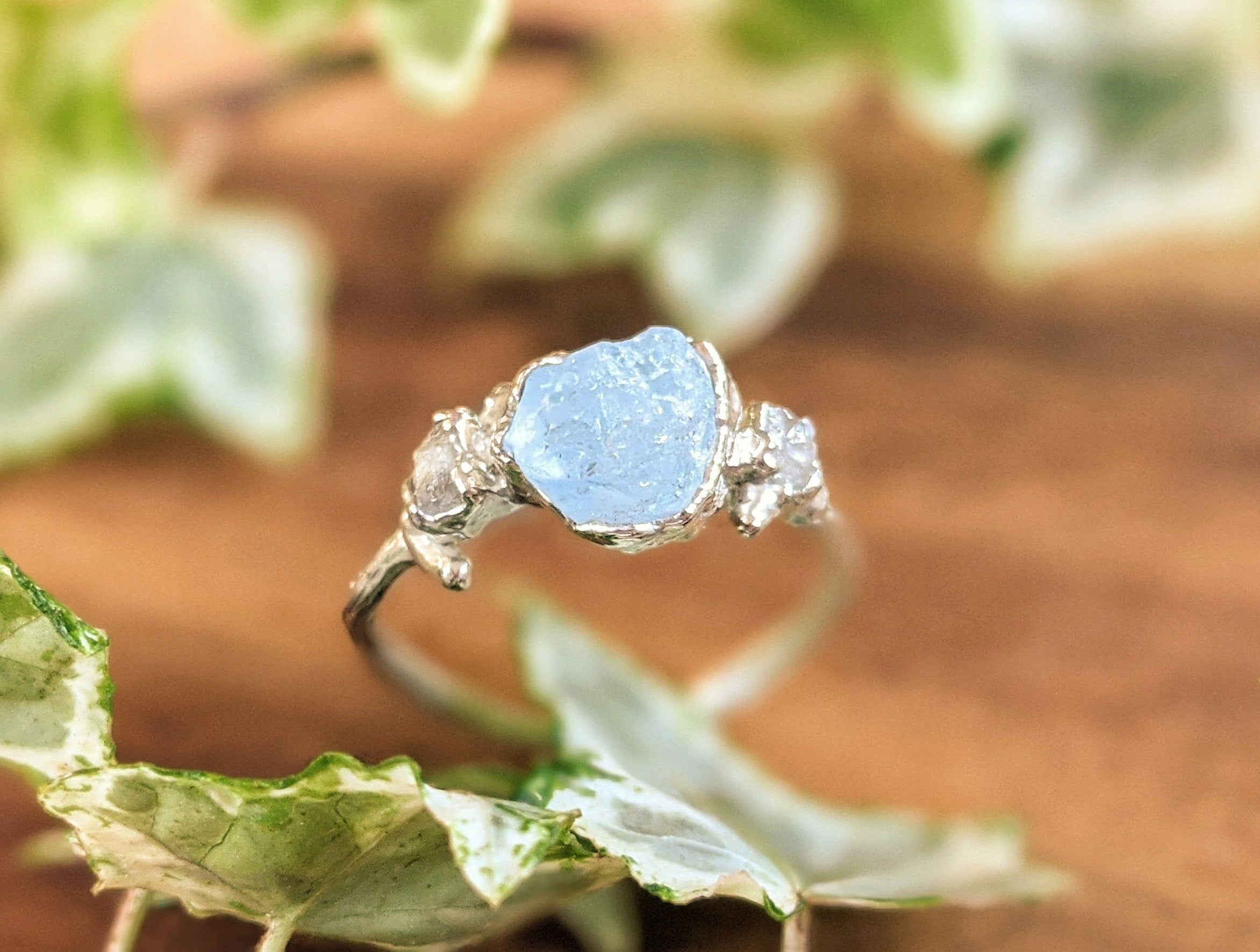 Bague brindille aigue-marine brute & diamants