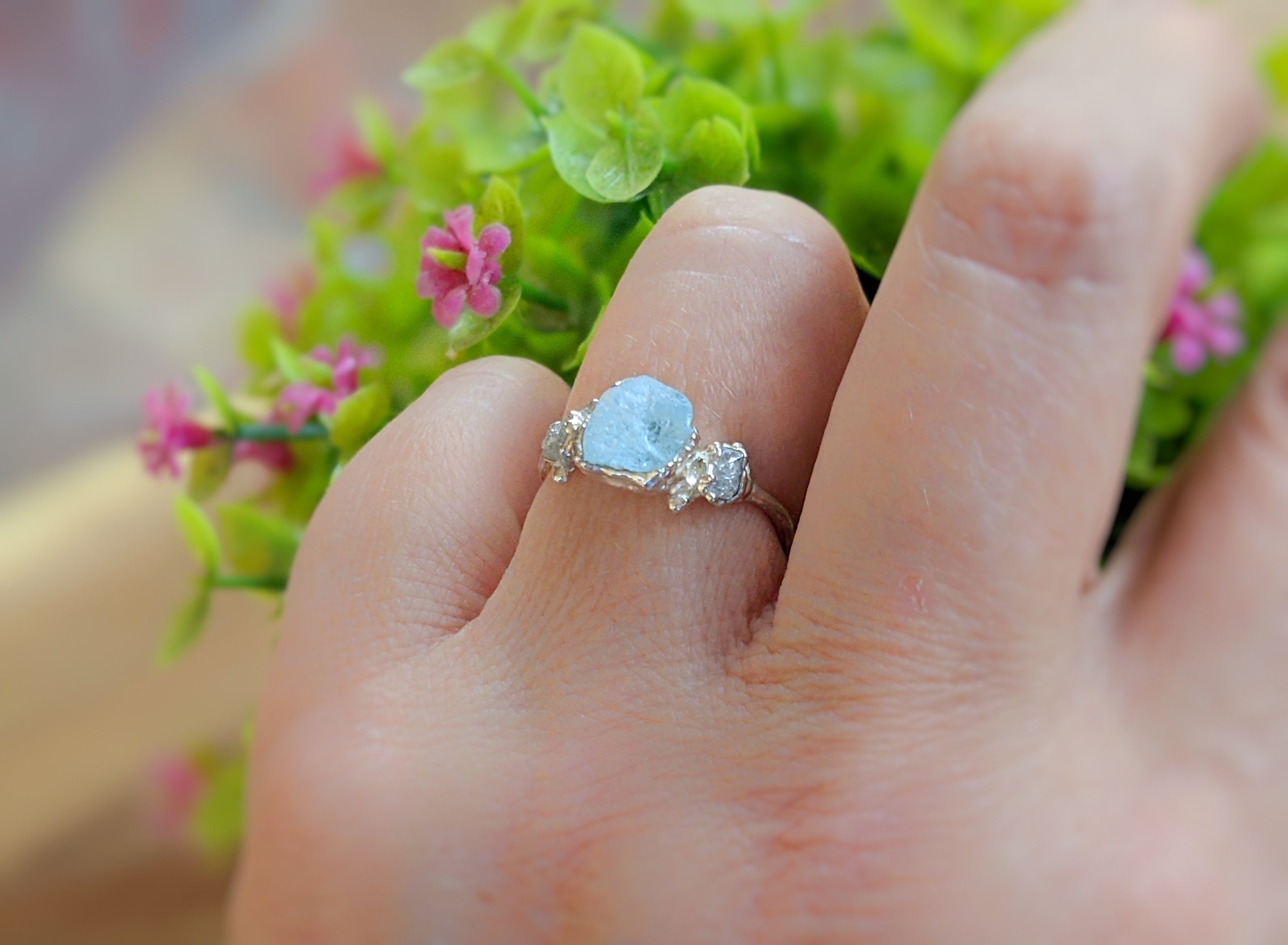 Bague brindille aigue-marine brute & diamants