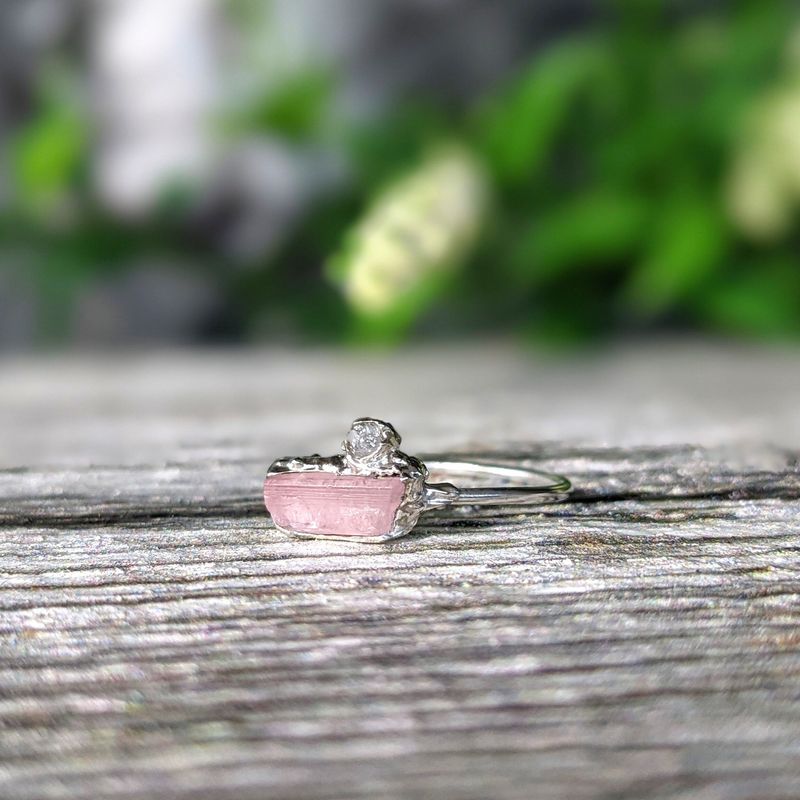 Raw pink tourmaline and rough diamond ring