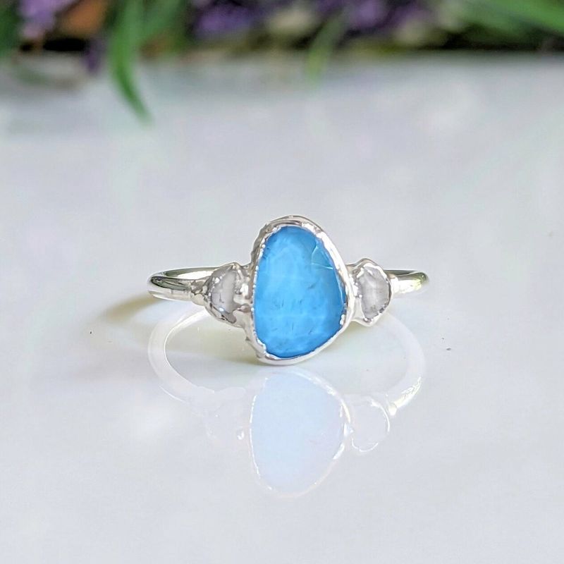 Blue Topaz and Herkimer diamond engagement ring in Sterling Silver
