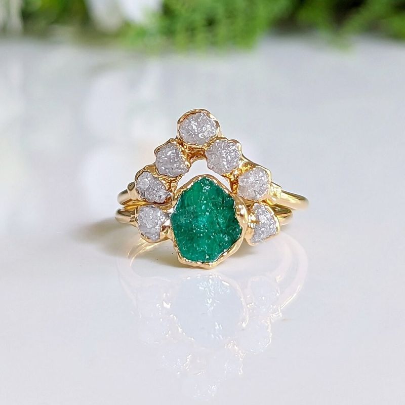 Raw Emerald and diamond Chevron bridal ring set