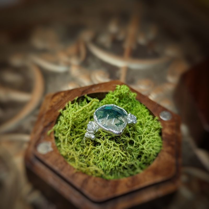 Moss Agate and Raw diamond ring