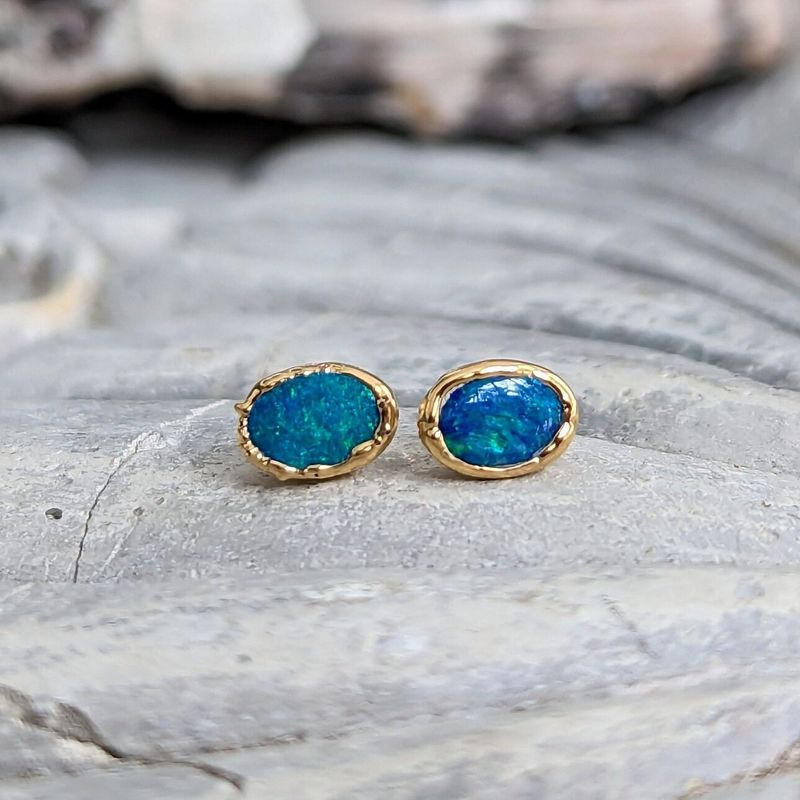 Blue Australian Opal stud earrings in 18k Gold