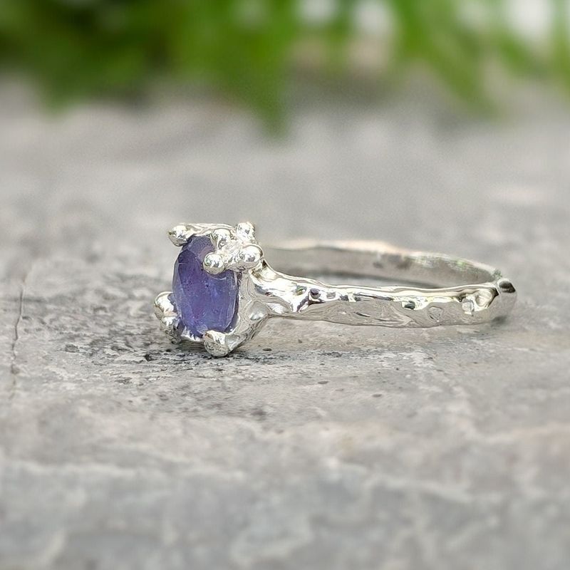 Natural Tanzanite ring - Silver textured gemstone ring