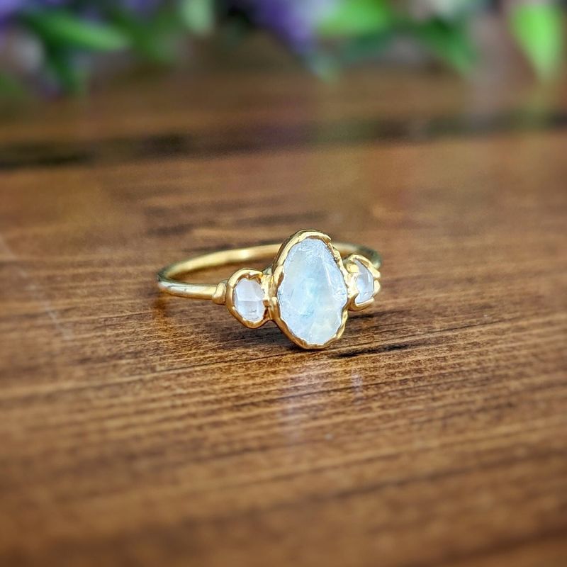Raw Rainbow Moonstone and Herkimer Diamond Engagement ring