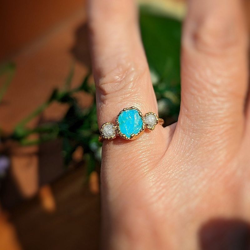 Raw Peruvian Opal and diamond ring in Solid 14k Gold