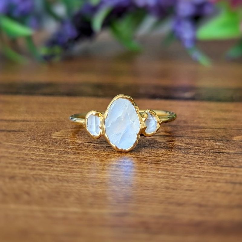 Raw Rainbow Moonstone and Herkimer Diamond Engagement ring