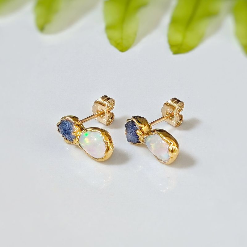 Raw Sapphire and Opal stud earrings