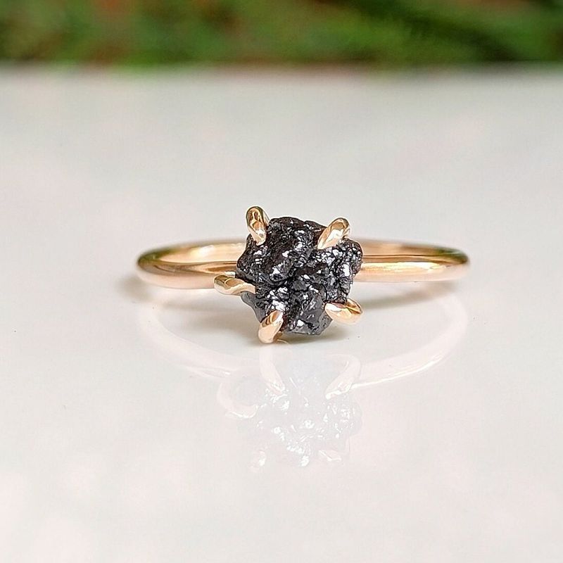Raw black diamond engagement ring - Solid 14k Gold rough uncut black diamond ring