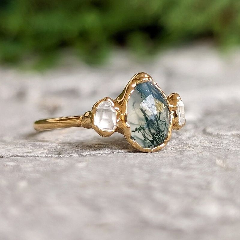 Moss Agate and Herkimer diamond engagement ring - Pear shape Moss Agate ring