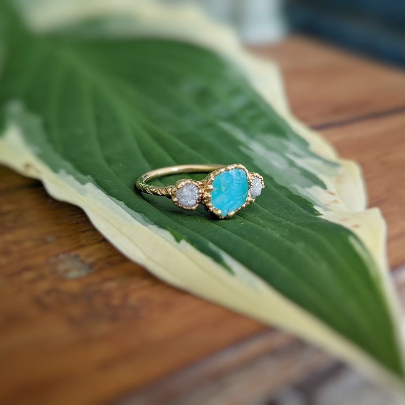 Raw Peruvian Opal and diamond ring in Solid 14k Gold