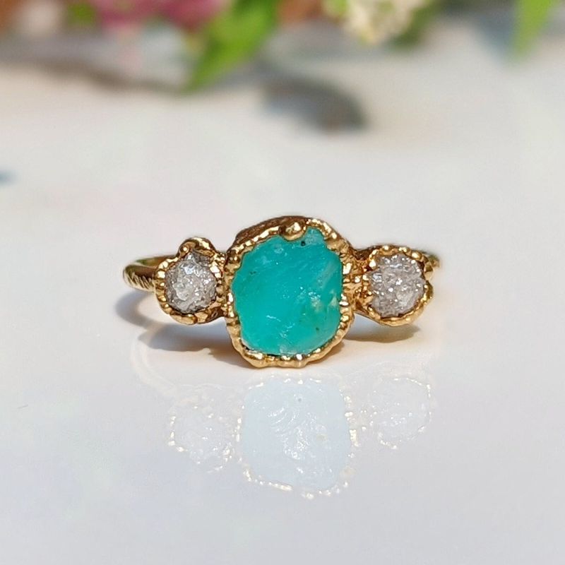 Raw Peruvian Opal and diamond ring in Solid 14k Gold