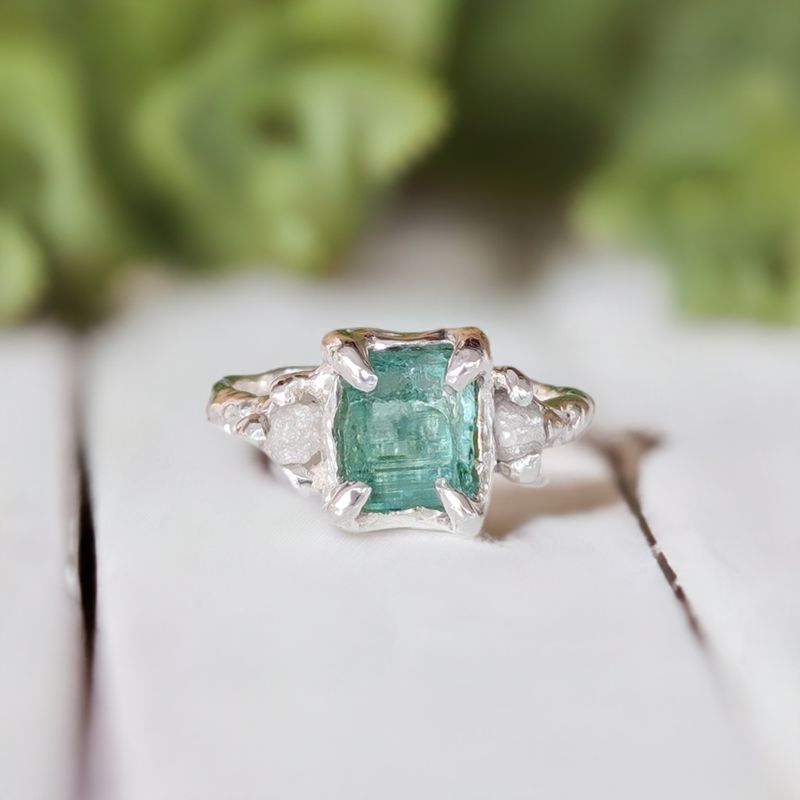 Raw Emerald and diamond engagement ring in Solid Sterling Silver