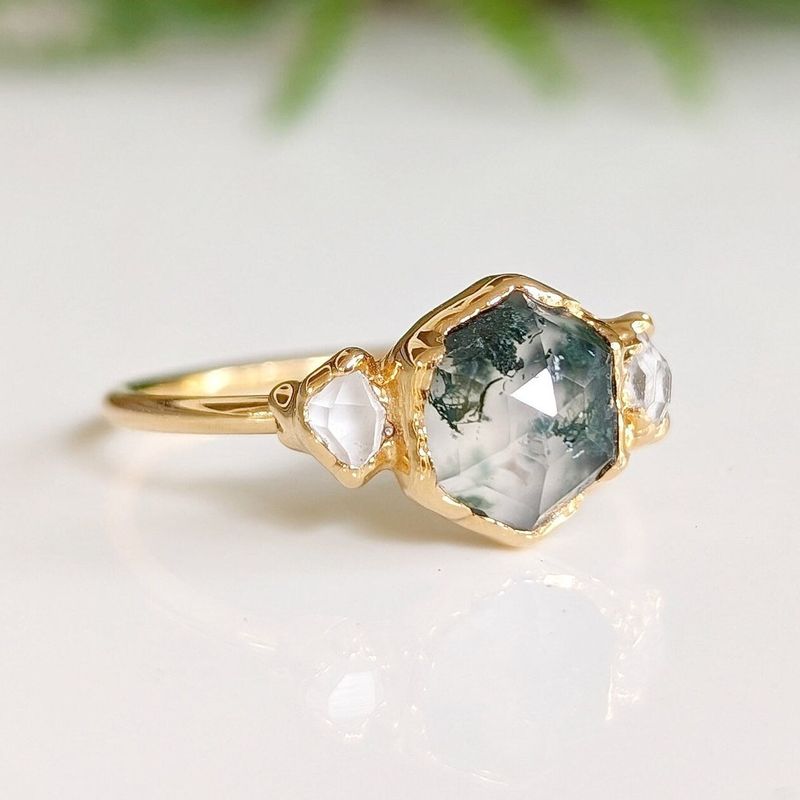 Moss Agate and Herkimer diamond engagement ring - Hexagon shape Moss Agate ring