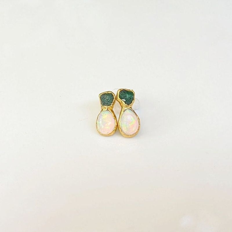 Raw Emerald and Opal stud earrings