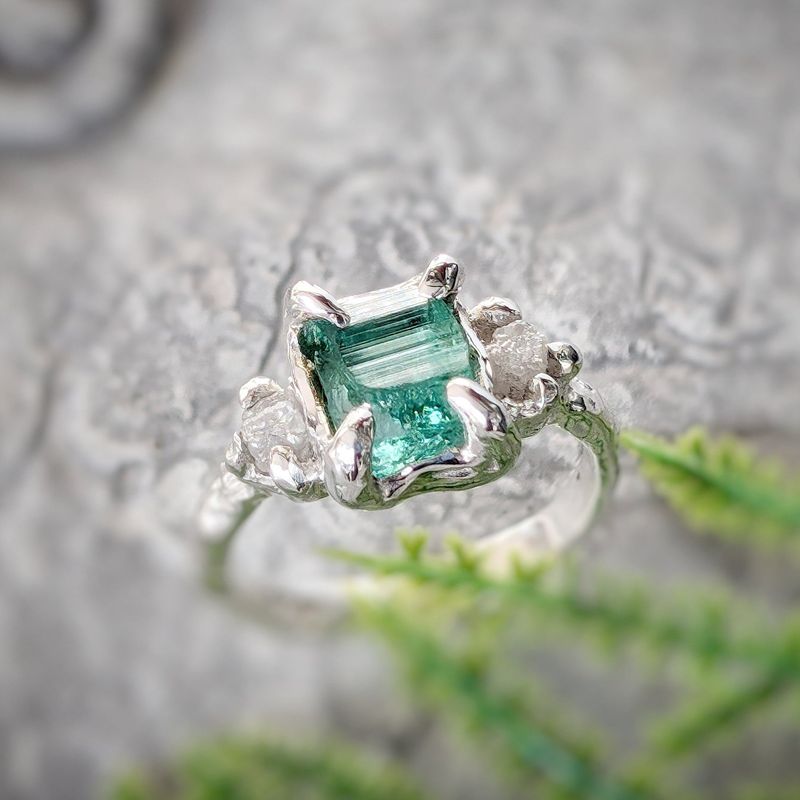 Raw Emerald and diamond engagement ring in Solid Sterling Silver