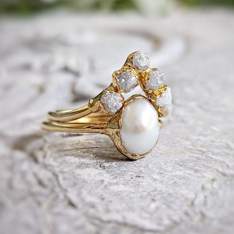Freshwater Pearl & Raw Diamond Chevron wedding ring set in Solid 14k Gold