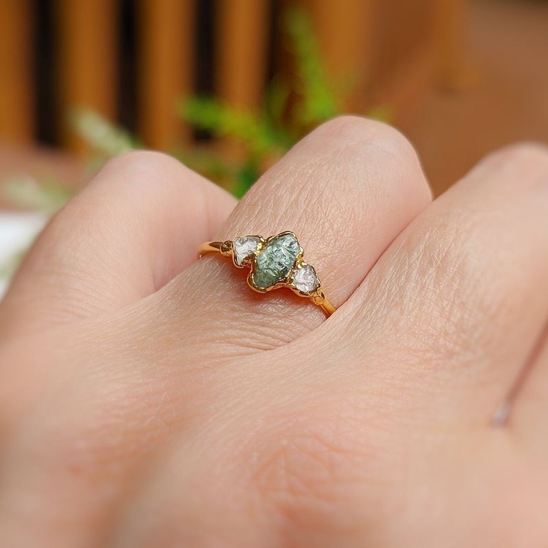 Raw green Sapphire & diamond engagement ring
