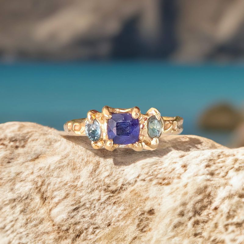 Blue Sapphire and Tourmaline engagement ring in Solid 14k Gold