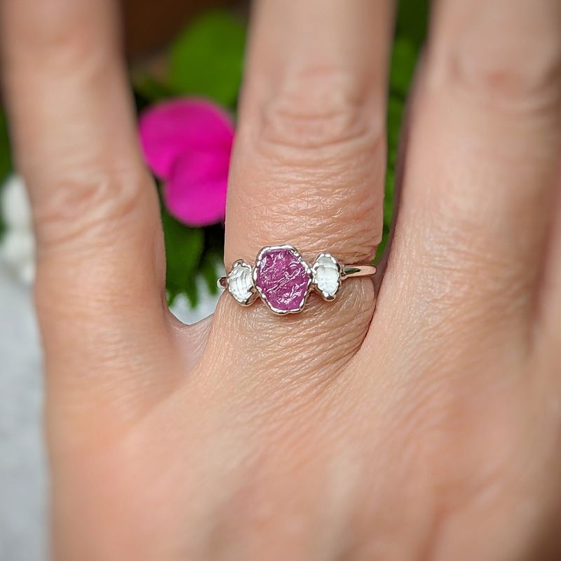 Raw pink Sapphire and Herkimer diamond engagement ring