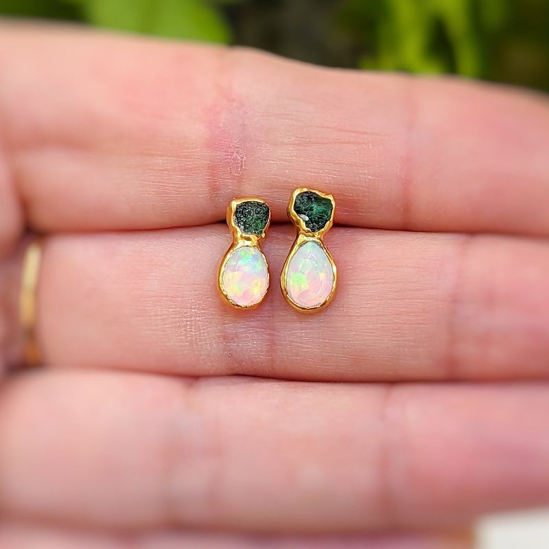 Raw Emerald and Opal stud earrings