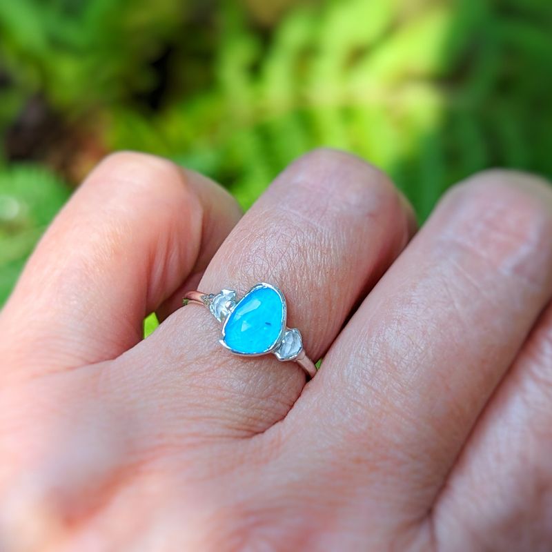 Blue Topaz and Herkimer diamond engagement ring in Sterling Silver