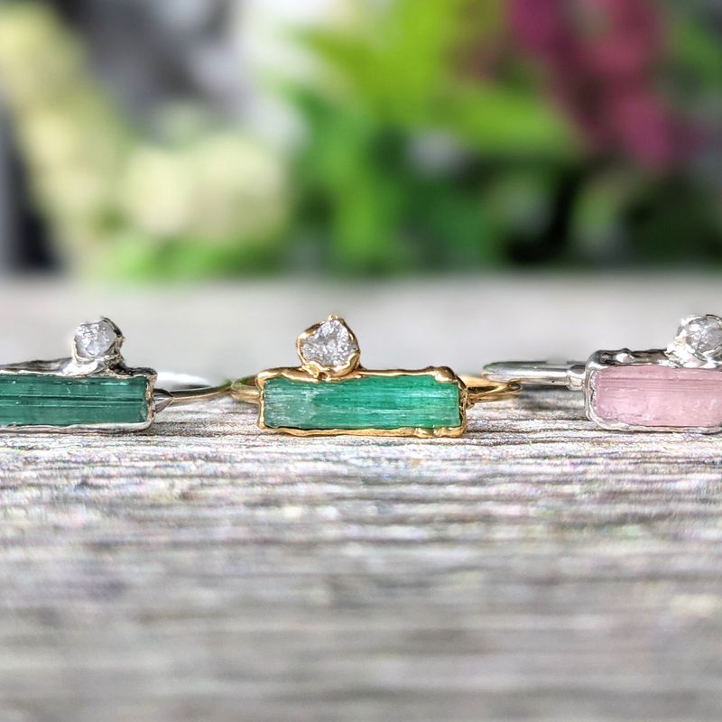 Raw pink tourmaline and rough diamond ring