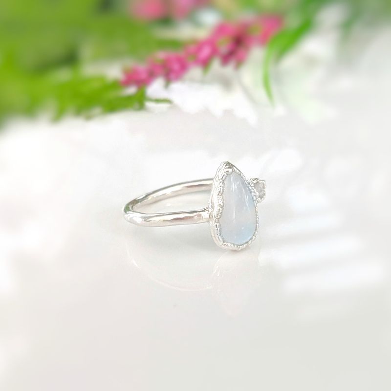 Rainbow Moonstone and raw diamond ring