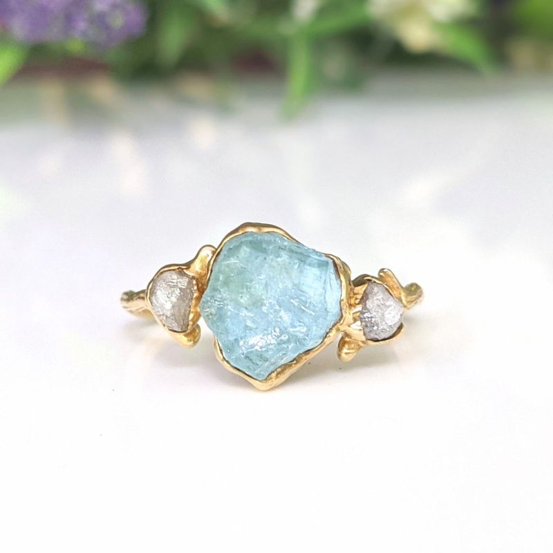 Bague brindille aigue-marine brute & diamants