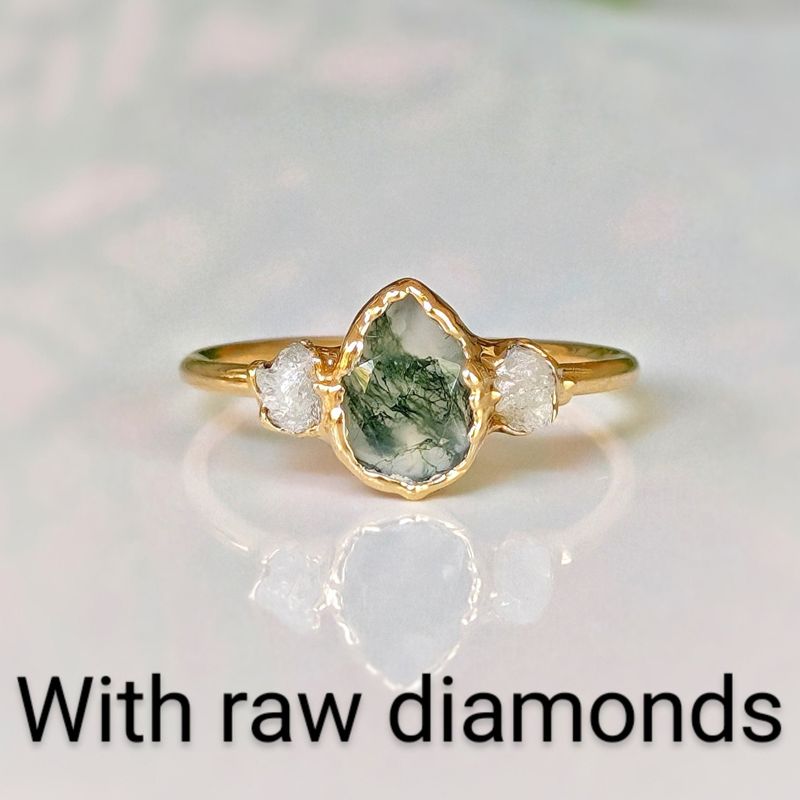 Moss Agate and Herkimer diamond engagement ring - Pear shape Moss Agate ring