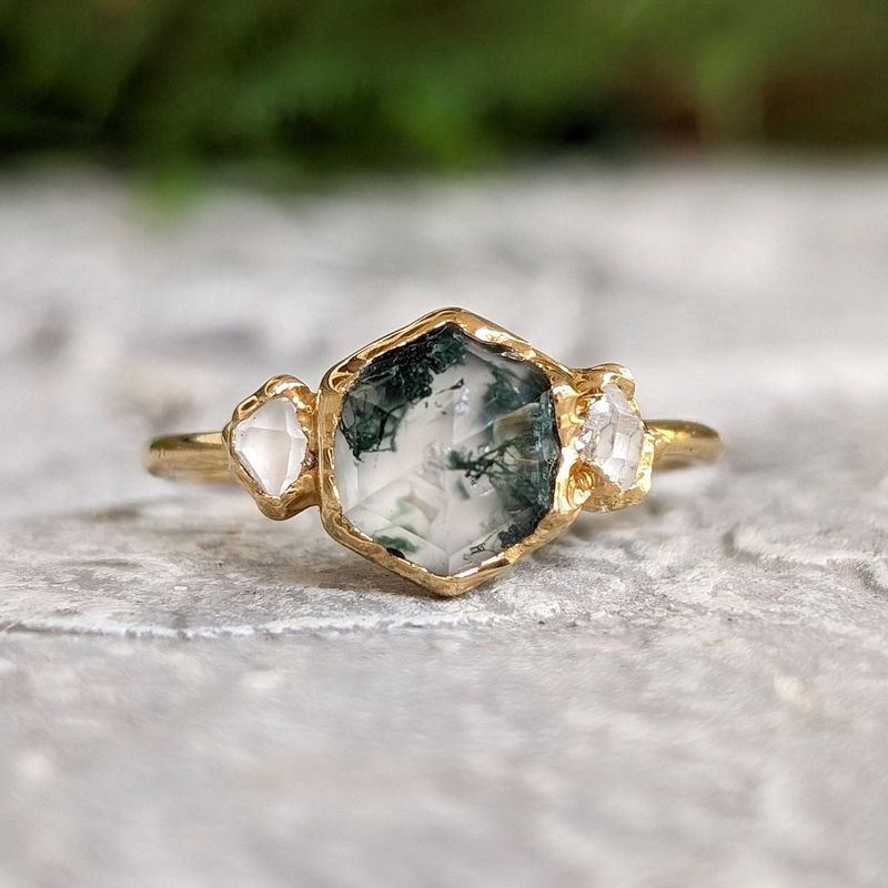 Moss Agate and Herkimer diamond engagement ring - Hexagon shape Moss Agate ring