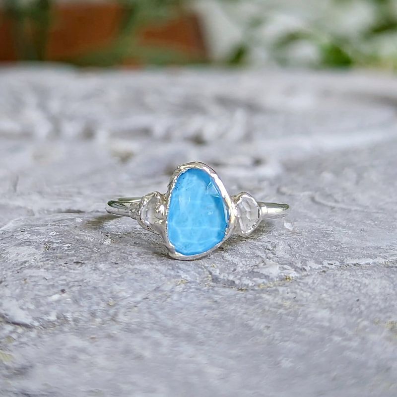 Blue Topaz and Herkimer diamond engagement ring in Sterling Silver
