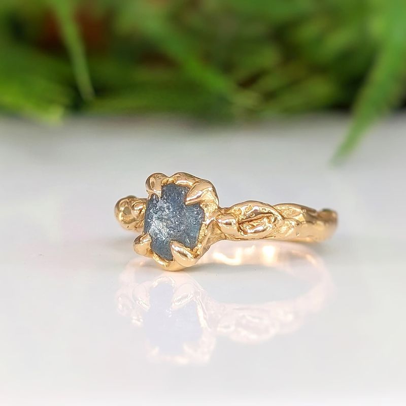 Raw Montana Sapphire engagement ring in Solid 14k Gold