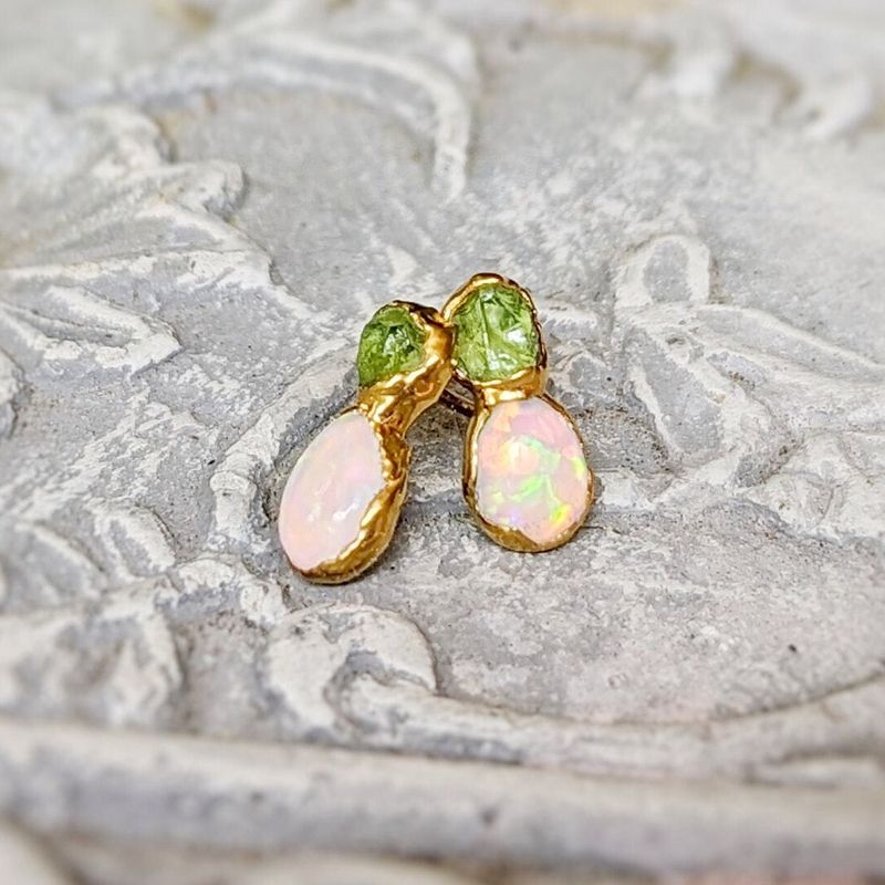 Raw Peridot and Opal stud earrings