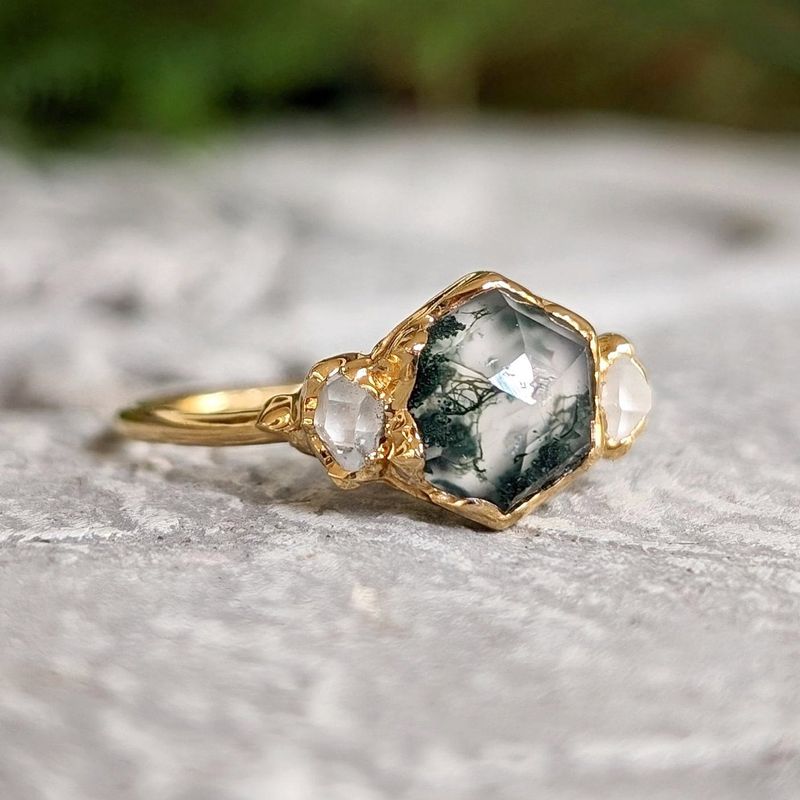 Moss Agate and Herkimer diamond engagement ring - Hexagon shape Moss Agate ring