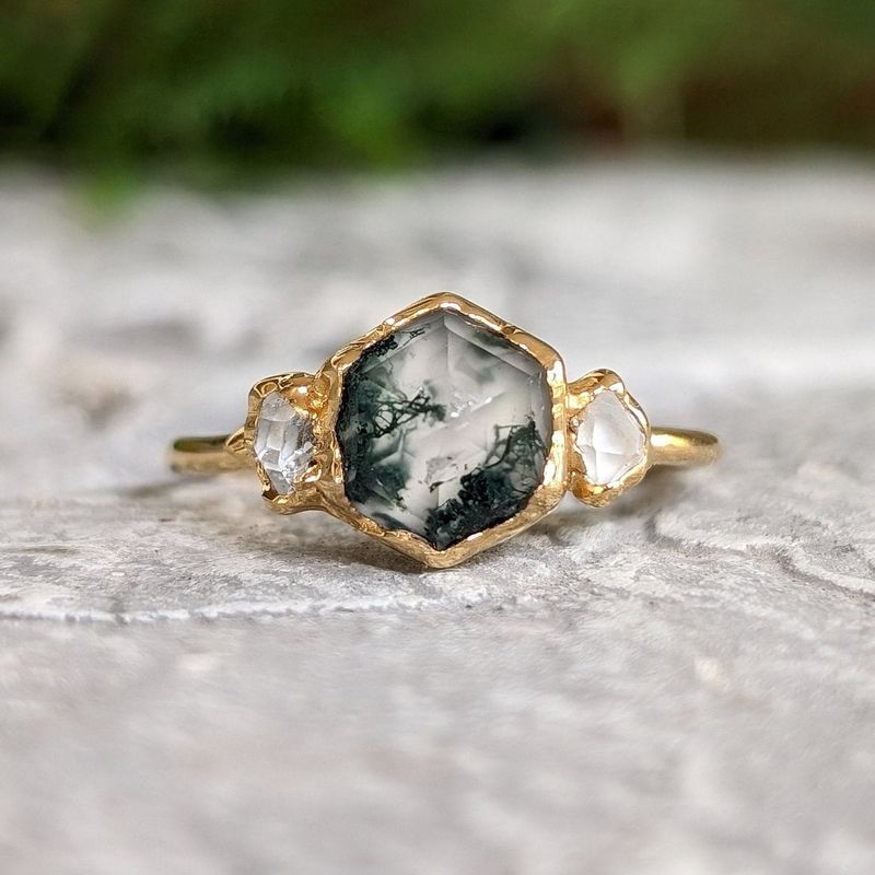 Moss Agate and Herkimer diamond engagement ring - Hexagon shape Moss Agate ring